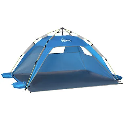 Outsunny 2 Man Pop-up Beach Tent Sun Shade Shelter Hut W/ Windows Door Blue • £36.99