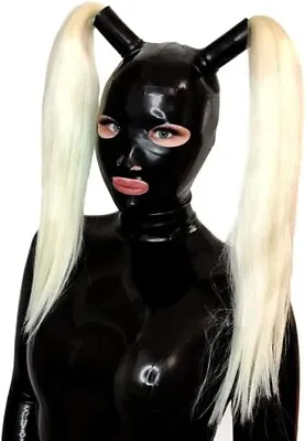 Latex Hood Ponytail Wig Hair Rubber Mask Beautiful Maid Cosplay Fetish Party UK • £62.68