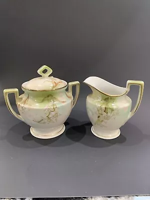 Vtg MZ Austria Moritz Zdekauer Porcelain Covered Sugar Bowl & Creamer Gold Trim • $34