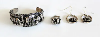 Kabana 925 Sterling Silver Safari Animals Cuff Bracelet Ring Hoop Earrings Set • $324.95