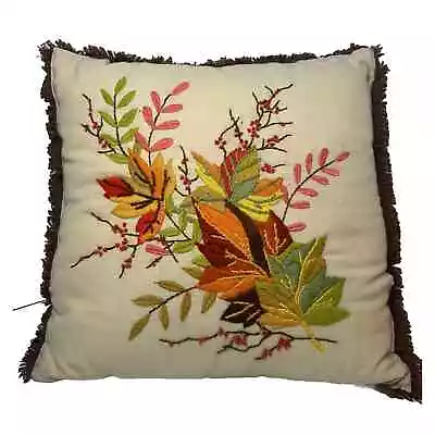 Vintage Handmade 70's Crewel Embroidery Throw Pillow 16x16 • $25