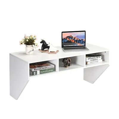 Wall Mounted Floating Computer Desk Wood PC Working Studying Table W/ 3 Storage • £53.95