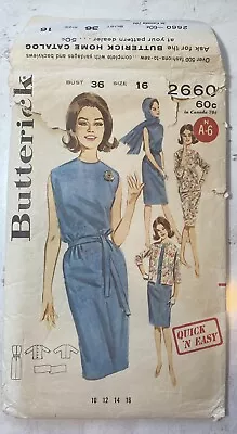 Vintage Butterick Pattern 60’s Sz 16 36 2660 Sheath Dress • $3.50