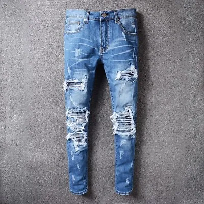 Mens Retro Ripped Slim Pleated Denim Jeans Classic Motorcycle Style Blue Stretch • $59.17
