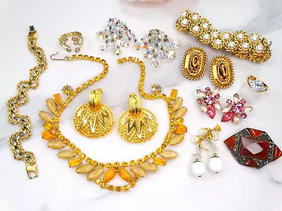 High End Vtg Deco Jewelry Lot Weiss Vendome 1928 Juliana Crystal Glass Amber Big • $34
