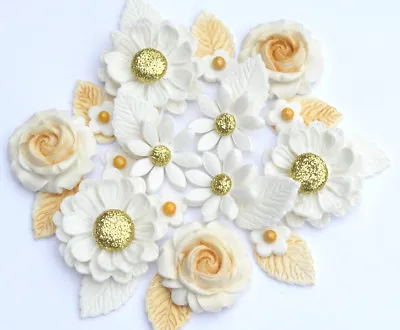 Edible Birthday Cake Gold Flowers. Edible White And Golden Wedding Flowers • £10.95