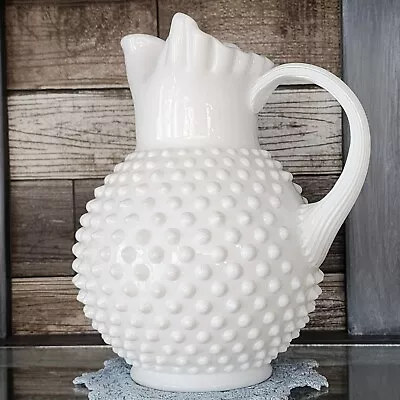 Fenton Hobnail 9.5  White Milk Glass Pitcher W/ Ice Lip Ruffled - 1960's  • $65