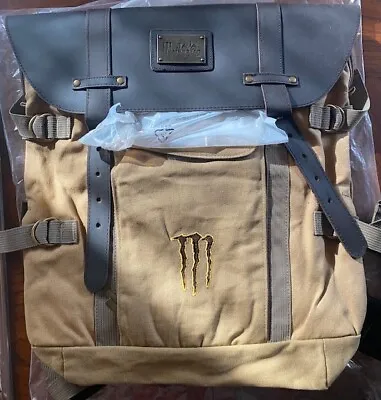 New Java Monster Energy Tan Cotton Canvas Brown Leather Shoulder Bag Backpack • $74.95