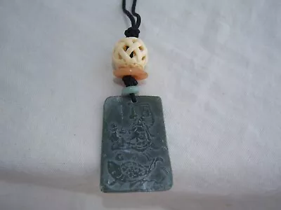 CARVED JADE NECKLACE STONE OPEN WORK BEAD Asian Writing Sea Creature Turtle VTG • $32