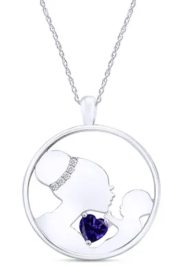 Mom & Child Heart Pendant Necklace Simulated Alexandrite Solid Sterling Silver • $81.22