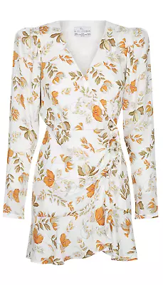 Seven Wonders Long Sleeve White Orange Floral Mini Summer Wrap Dress SMALL • $30