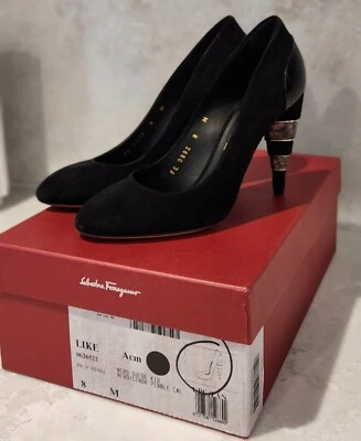 Genuine As New In Box Salvatore Ferragamo Ladies Block Heels Size 8 Black Pumps • $89