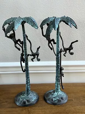 Pair Of Tommy Bahama Brass Climbing Monkey / Palm Tree Candle Stick Holders 16  • $59.99