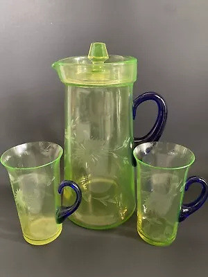 Tiffin Vaseline Lemonade Set Pitcher Two Tumblers Applied Colbalt Blue Handles  • $99.99