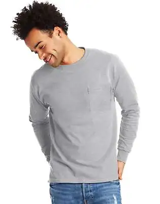 Hanes Long Sleeve Pocket T-Shirt Essentials Men's Cotton Tee Midweight Sz S-3XL • $9