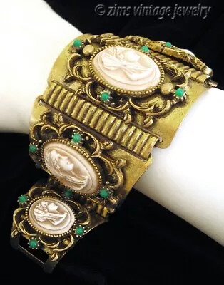 Vintage Etruscan Revival Wide Gold Tone Grecian CAMEO Helen Troy Green BRACELET • $33.99