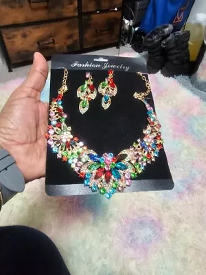 Nigeria Crystal Clr Choker African Women Rhinestone Indian Necklace Earrings Set • $30