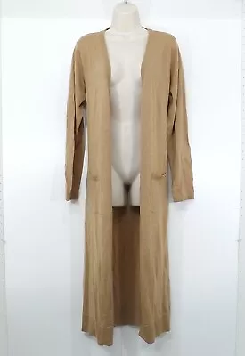 LINEA Beige Camel Soft Thin Knit Pure MERINO WOOL Long Cardigan Shrug UK 14 16 L • £8.99