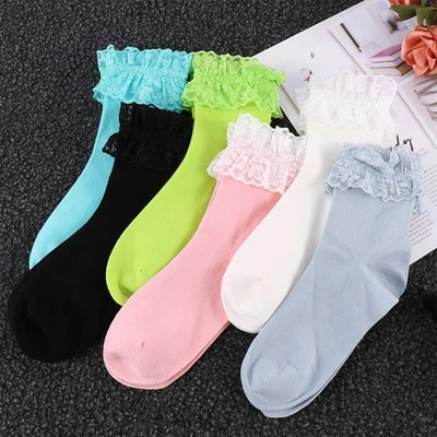 $3.04 • Buy Women Girls Cotton Socks Middle Tube Lace Ruffle Socks Lolita Ankle Fancy Socks