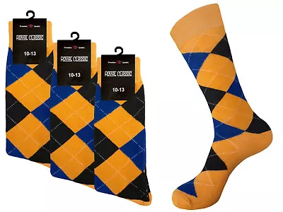 3 Pairs Men's Argyle Formal Fashion Blue Yellow Wedding Dress Socks Size 10-13 • $11.99