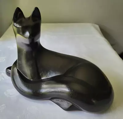 Vtg Haeger Black Ceramic Cat  Leather  Glaze Figure MCM Modernist Art Deco Large • $89