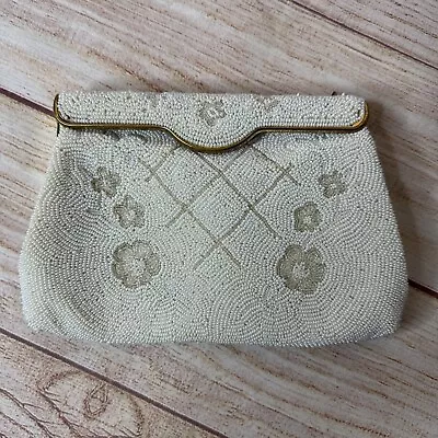 Vintage L'Argene France Handmade White French Beaded Gold Clasp Clutch Purse • $18.71