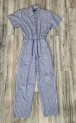 Vintage Lizwear Blue White Gingham Plaid Cotton 1pc Jumpsuit Pants Sz Medium • $39.99