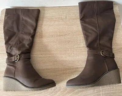 Mantaray Women's Brown Leather Zip&buckle Wedge Mid Calf Boots Uk 6 Eur 39 Bt263 • £45