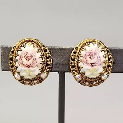 Clip-On Earrings Vtg Pink Rose Flower West Germany Oval Gold Tone Filigree 1  • $39.99