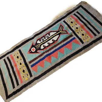 Ethnic Vintage Hand Weaved Southwestern Design Wool Wall Hanging Rug Raw Edges  • $250
