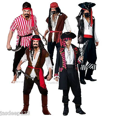 Pirate Mens Fancy Dress Costume Caribbean Captain Jack High Seas Outfit Designs  • £12.99