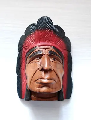 Native American Red Indian Chief Wood Head Hand Carved Painted Wall Hanging 7  • £17