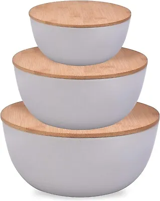 Salad Bowl Set Of 3 Bowls W Wooden Lids Bamboo Fiber Mixing Storage Round Gray • $19.95