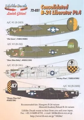 1/72 Lifelike Decals #72031 B-24 Liberator Part 4 • $18.99