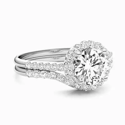 Halo Bridal Ring Set 2.85Ct Round Cut Moissanite 14k White Gold Finish Size 6.5 • $178