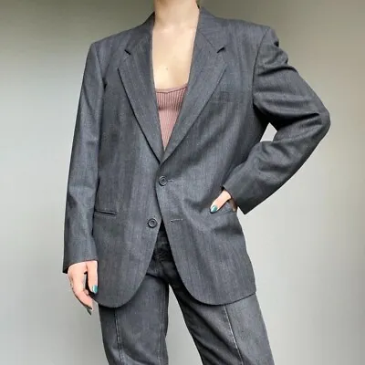 Vintage Givenchy Dark Gray Striped Oversized Wool Blazer Preppy Sport Coat 40R • $66.50