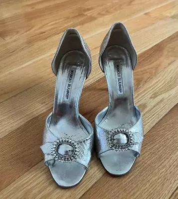 Manolo Blahnik D’Orsay Wedding Silver Leather Shoes Heels Buckle EU 37 US 7 • $235