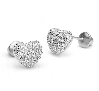 925 Sterling Silver Micro Pave CZ Heart Stud Earrings Safe Screwback Children • $19.95