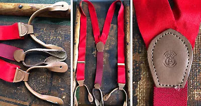 Vtg Colours Alexander Julian Cotton Suspenders Braces Bright Red Tan Leather Guc • $20