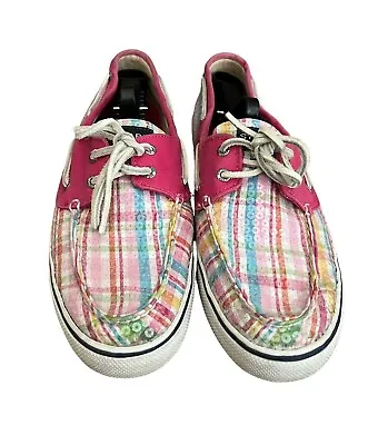 Sperry Women's Top Siders Sneakers Multi Plaid Canvas Deck Sequins Size 9 • $21.99