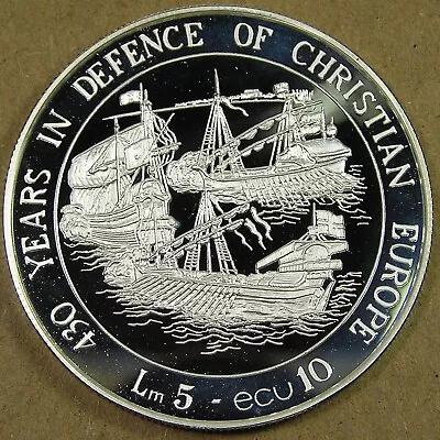 Malta 5 Liri (10 ECU) .925 Silver Coin 1993 Proof Defence Of Christian Europe • $41.70