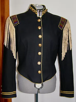 VINTAGE ‘DOUBLE D’ WESTERN CALVARY BLACK WOOL JACKET W/ LEATHER FRINGE - SIZE: M • $99