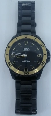 £40 • Buy Hugo Boss Men's 42mm Black Dial Gold Bezel Designer Bracelet Sports Watch GWO