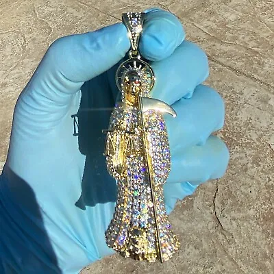 14K Gold Plated Big La Santa Muerte Pendant Iced Flooded Out Simulated CZ 3.5  • $29.95