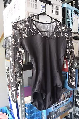 Black Bloch / Mirella V Neck Bloom Print 3/4 Sleeve Leotard -M1011LM Large • £15