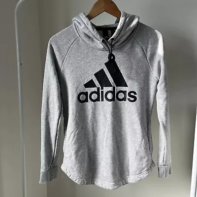 Womens Adidas Jumper Size XS Grey Pockets Logo Hoodie Sweatshirt • $20