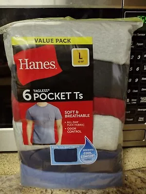 6 Hanes Men's Moisture-Wicking Cotton Pocket T-Shirts Large Only Adult  • $25