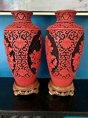 Stunning Vintage Pair Of Red & Black Cinnabar Floral Vases On Carved Bases • £6.50