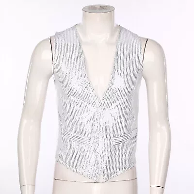 Mens Womens Shiny Vest Glittery Sequin Waistcoat Unisex Button Sleeveless Jacket • $14.31