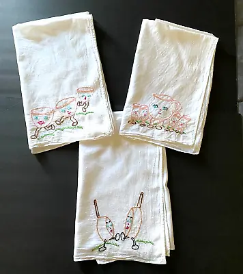Lot 3 Vintage Hand Embroidered Dish Towels Anthropomorphic Glasses Pitcher Pans • $14.95
